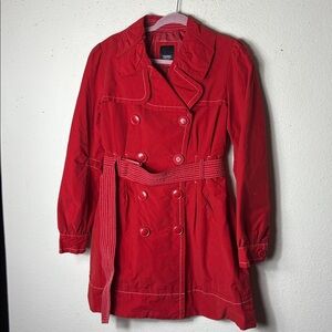 Esprit Lined short trench coat Women’s Large Red Belt Hooded Pockets Button Up